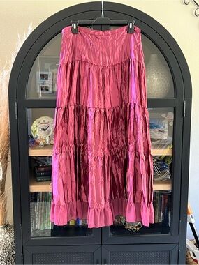 Women's Pink Satin Tiered Maxi Skirt